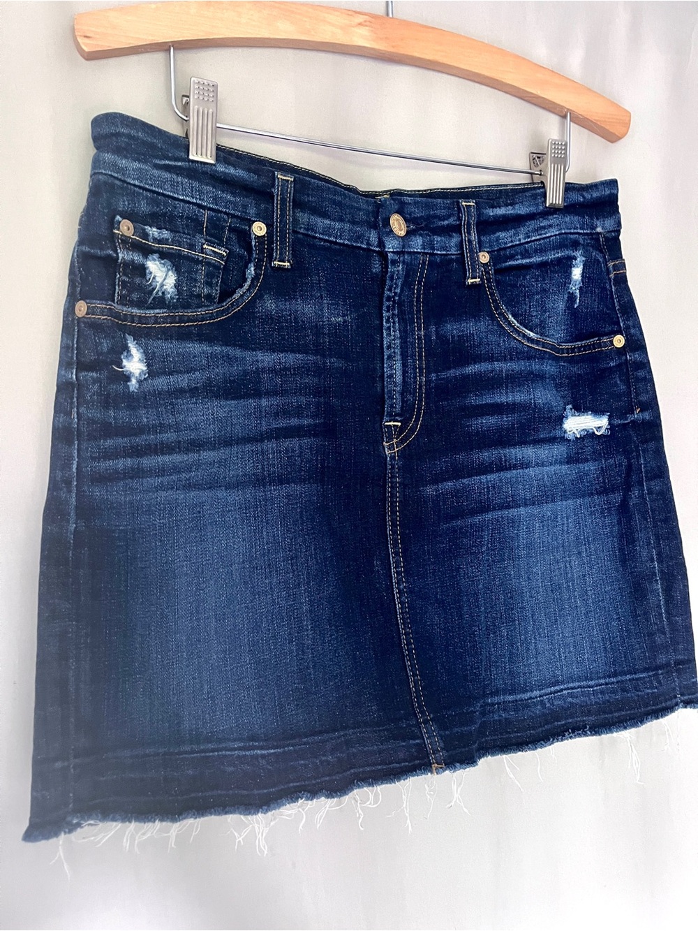 7 For All Mankind Dark Wash Denim Mini Skirt Distressed Y2K Size M